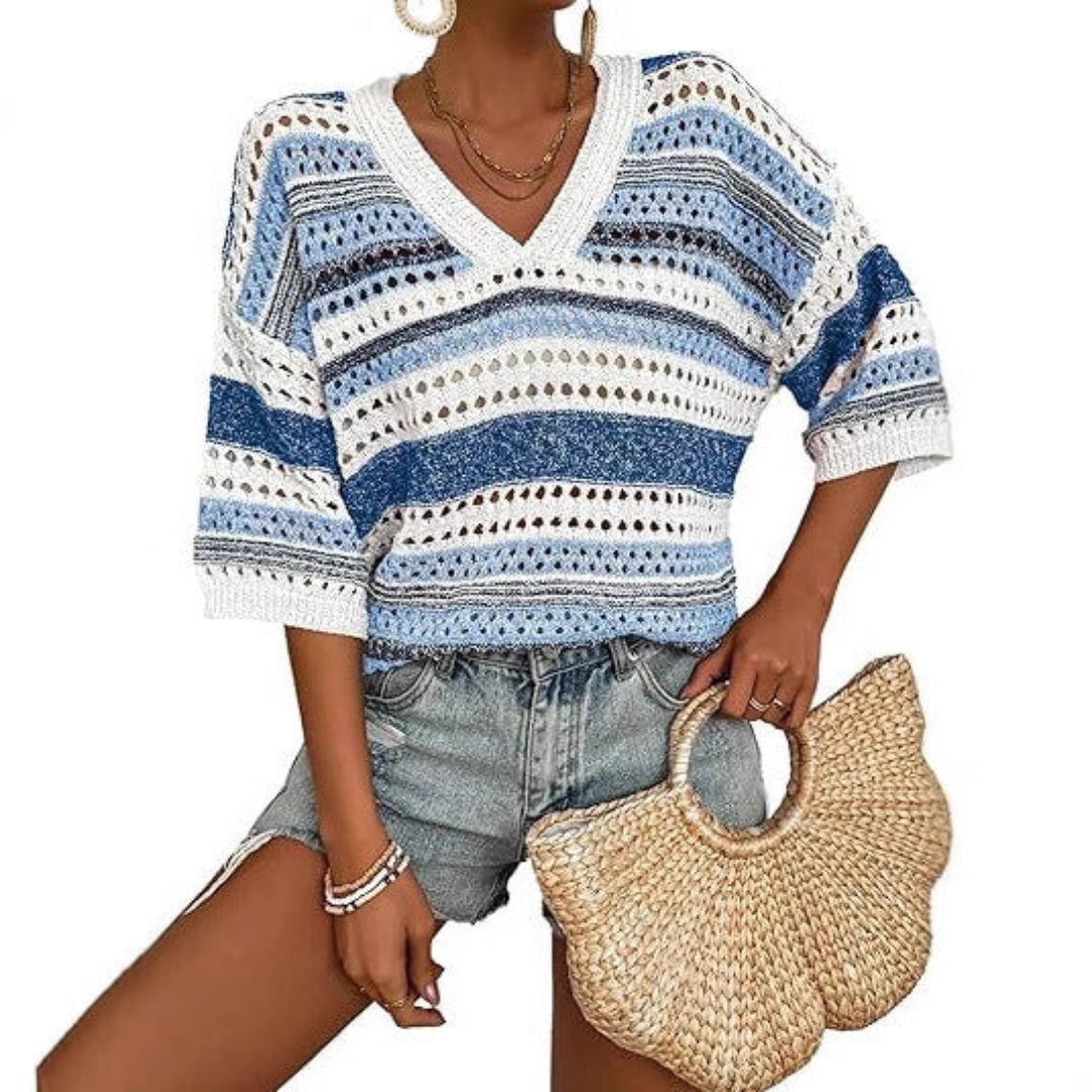 KELISE™ – Casual Striped Crochet V-Neck Summer Top