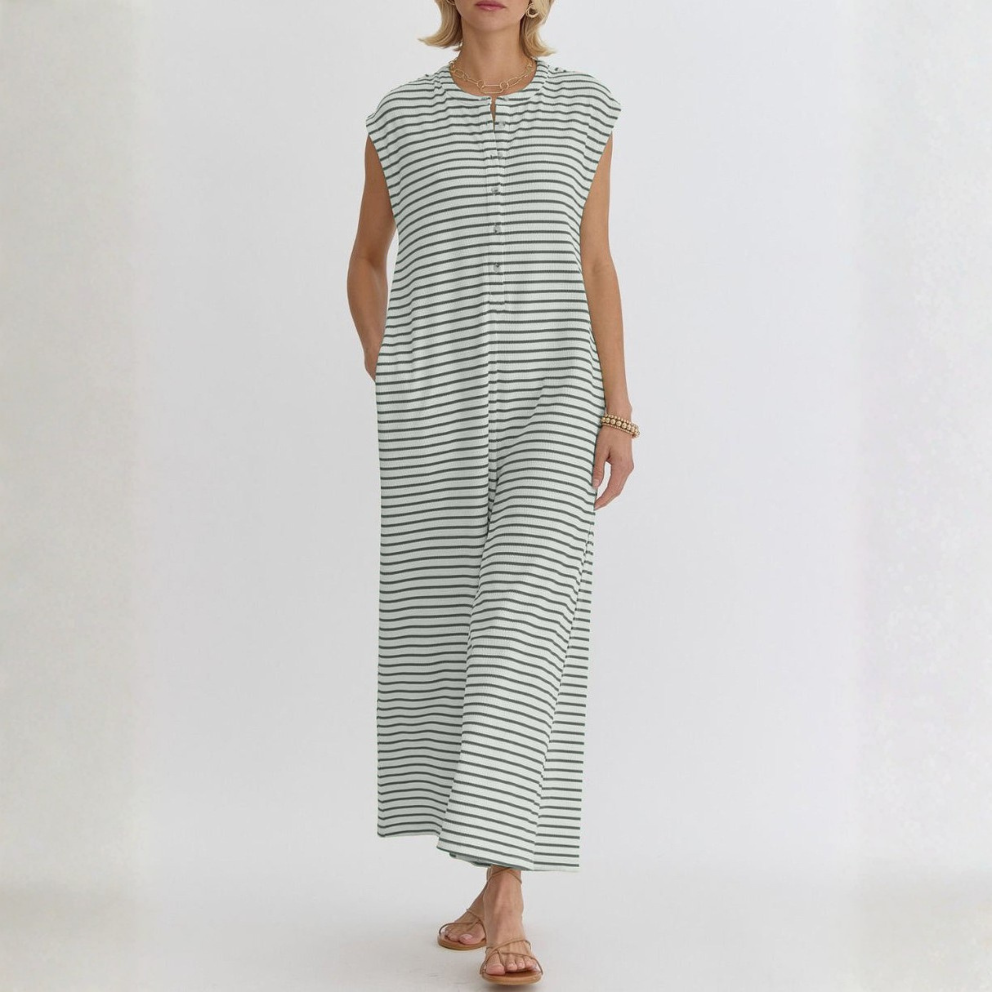 KETURAH™ - Casual Striped Cap Sleeve Wide Leg Jumpsuit